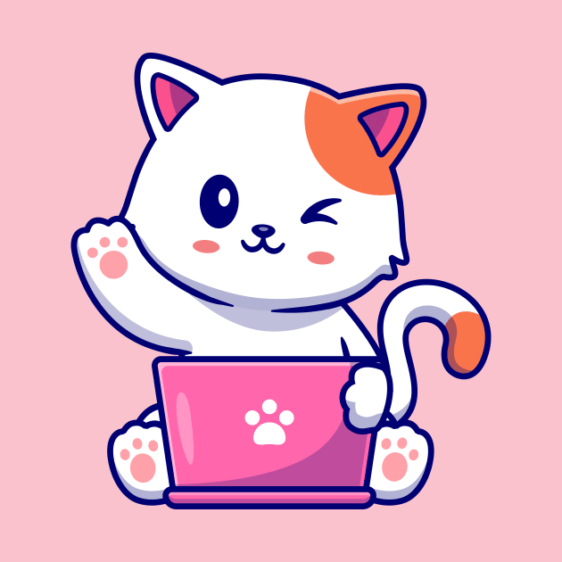 Cute Cat Working On Laptop With Coffee Cup Cartoon by Catalyst Labs