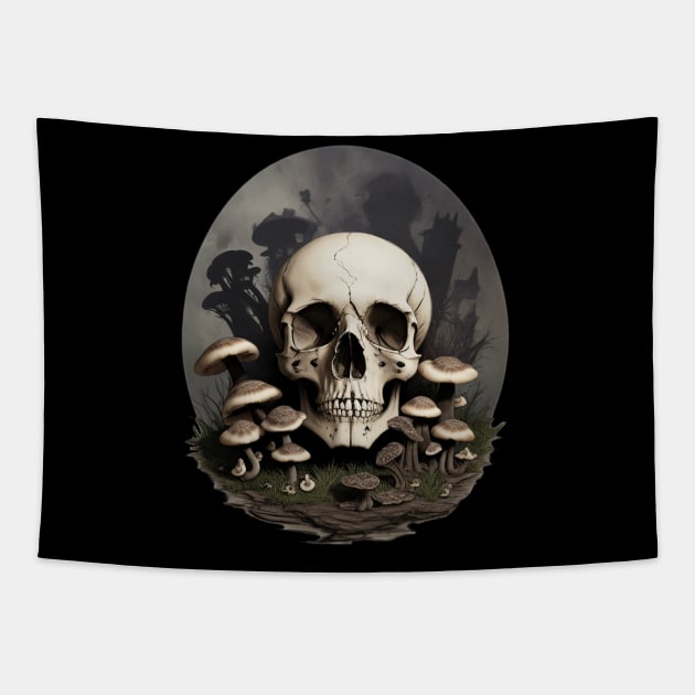 Skull with Mushrooms Tapestry by Paul_Abrams