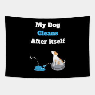 Funny elegant dog riding on vacuum robot cleaner Tapestry