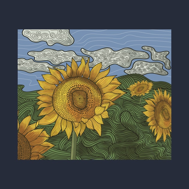 Sunflowers Landscape Colorful Line art by WalkSimplyArt