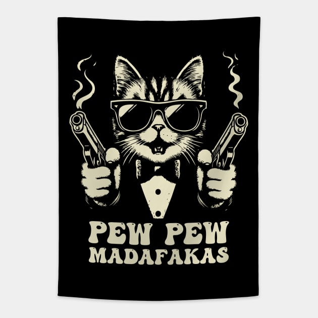 Pew Pew Madafakas Crazy Vintage Funny Cat Tapestry by Trendsdk