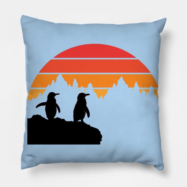 Vintage Sun Set over Penguins Silhouette Pillow by Duck Cloud 9