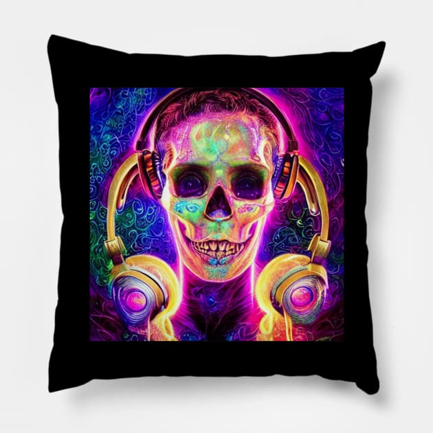 Headphones Skull Listening To Music Pillow by Skull Listening To Music