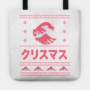 Red and Light Blue Japanese Ugly Christmas Aesthetic Great Wave Tote