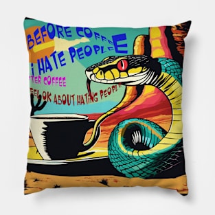 a snake drinking a cup of coffee pop art in the desert Pillow