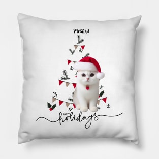 Cat Meaw in Santa hat with christmas tree happy holidays ,Brafdesign Pillow