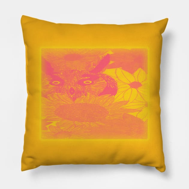 Owl Loves Sunflowers Shades of Orange and Yellow Pillow by The Friendly Introverts