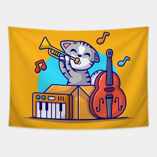 Cute Cat Playing Jazz Music in Box with Saxophone, Piano and Contrabass Cartoon Vector Icon Illustration Tapestry