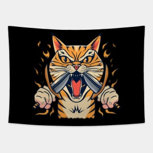 Cute and angry cat with two knives Tapestry