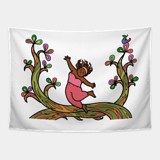 Happy cheerful black African woman with nature environment. Healthy freedom lifestyle. Tapestry