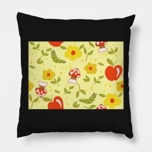 Cottagecore Worms and Mushrooms on Yellow Pillow