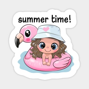 Cute girl in a pink swimming circle. Magnet