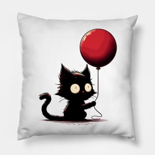 Confused black cat holding red balloon Pillow