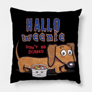 Cute Doxie Dog trick or treating on Halloweenie Wiener Dog tee Pillow