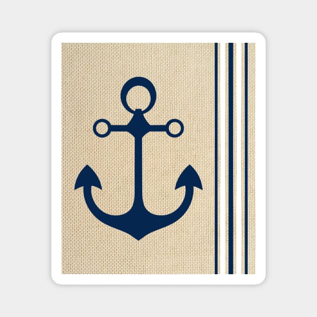 Nautical Boat Yacht Ship Anchor Burlap Navy Blue White Stripes Pattern Magnet by ernstc