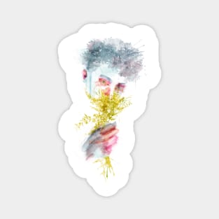 Abstract Male Watercolor Portrait with Wildflowers Bouquet Magnet