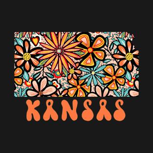 Kansas State Design | Artist Designed Illustration Featuring Kansas State Outline Filled With Retro Flowers with Retro Hand-Lettering T-Shirt