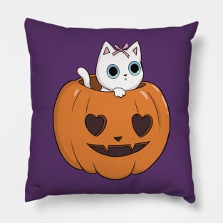 orange pumpkin white cat heart halloween coquette dollette Pillow