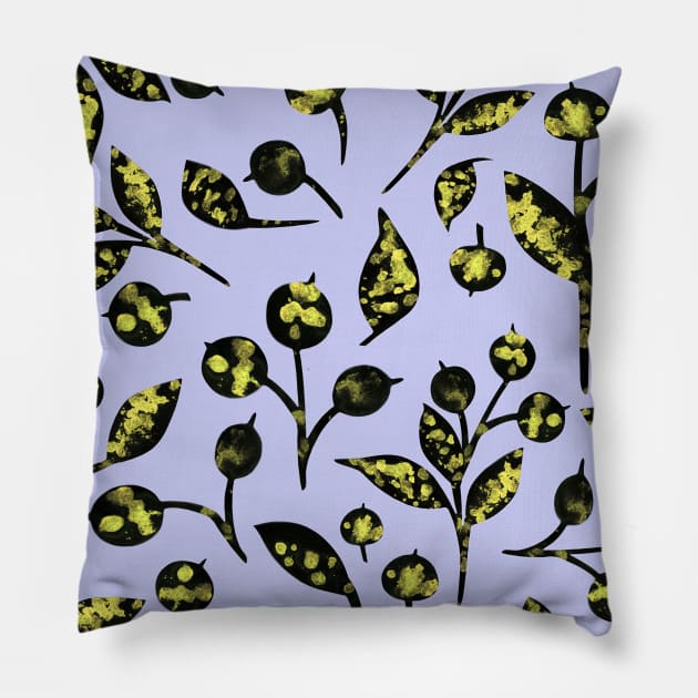 Seamless pattern with snow-covered berries. Hand drawn watercolor blueberries and leaves on lilac. Perfect for greeting card, postcard, poster, logo, textile, fabric, packaging, wrapping paper. Pillow by Olesya Pugach