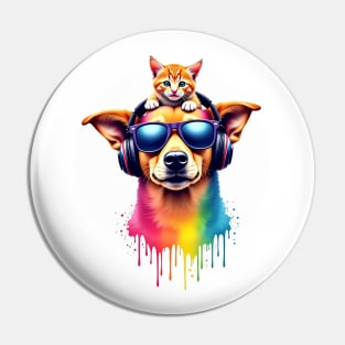 Cool dog with headphones and a cute cat on his head for both cat and dog lovers Pin