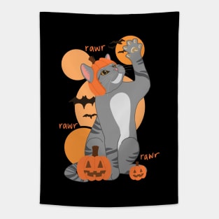 HALLOWEEN PUMPKIN GRAY CAT Tapestry