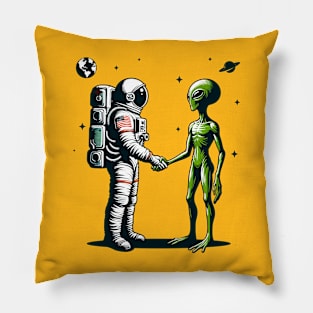 Astronaut and alien shaking hands Pillow