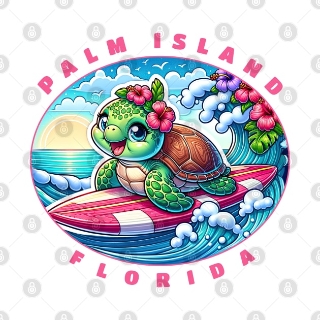 Palm Island Florida Girls Cute Surfing Sea Turtle by grendelfly73