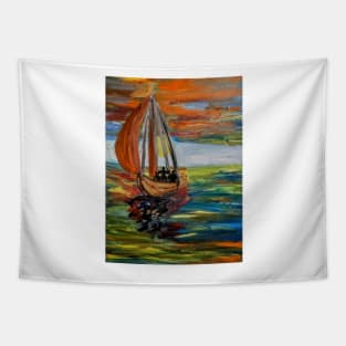 A father and his two sons out for a evening sailing at sunset . Tapestry