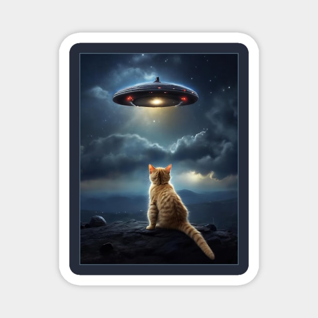 Cat with UFO Alien Magnet by QuirkyQuest Creations