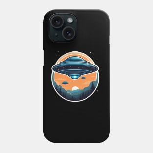 Blue flying saucer on sunset landscape with trees Phone Case