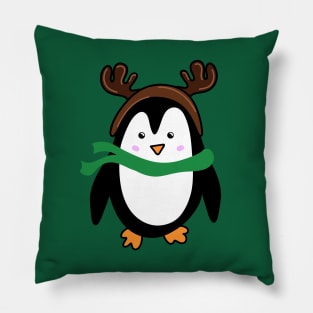 Festive Christmas Holiday Penguin Cartoon Doodle with Reindeer Antlers, made by EndlessEmporium Pillow