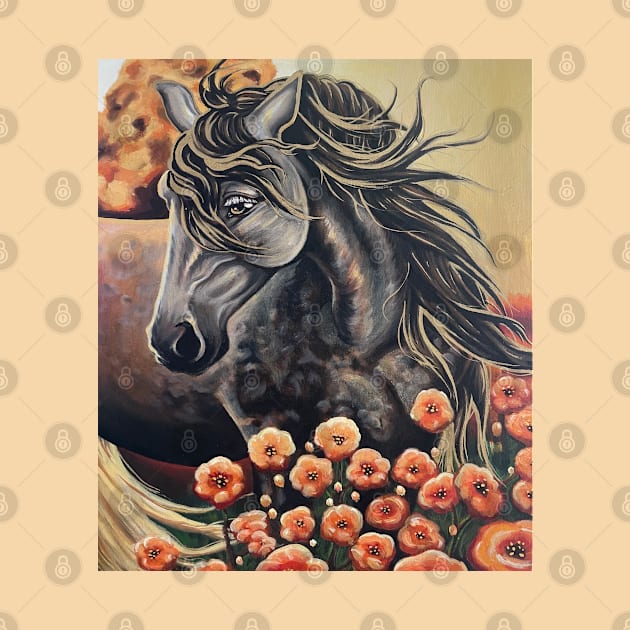 Golden Horse Floral Painting by Lady Lilac