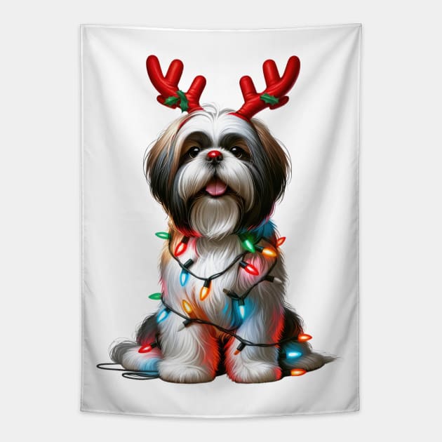 Christmas Red Nose Shih Tzu Dog Tapestry by Chromatic Fusion Studio