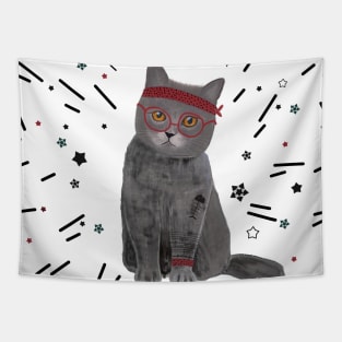 Hand drawn hipster cat with stars pattern Tapestry