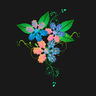 Trippy Blue and Orange Floral Decoration Silhouette Art T-Shirt