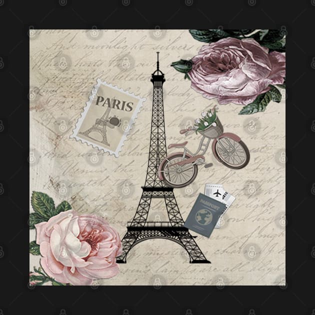 Paris France Pink Roses, Eiffel Tower French Vintage Love Letters by tamdevo1