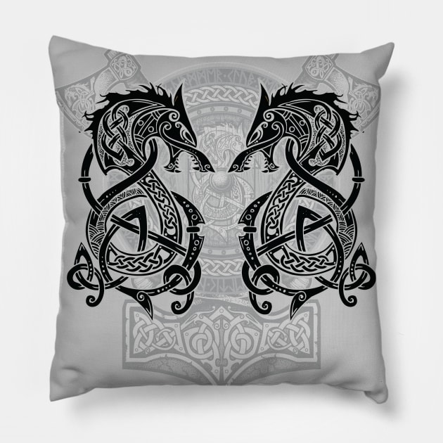 Fighting Fenrir Black Pillow by celtichammerclub