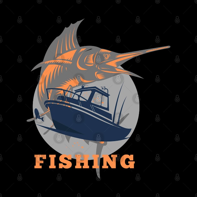 marlin fishing and boat orange by lmdesignco