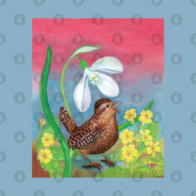 Wren Bird (Troglodytes troglodytes) and a Snowdrop Illustration by Julia Doria Illustration