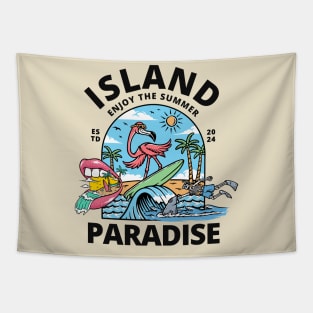 Island Paradise Flamingo  Surfing Beach Tapestry