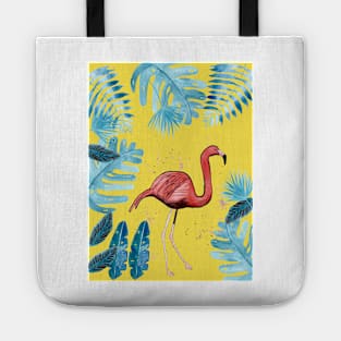 Flamingo with tropical leaves and a yellow background Tote