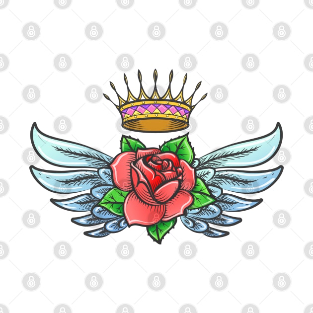 Winged Rose and Golden Crown colorful Tattoo. by devaleta