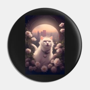 White Cat with White Flowers and Tokyo in the Background | White cat with blue eyes | Digital art Sticker Pin