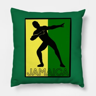 Jamaica sprinter pose with the Jamaican flag colours of black green and gold with the word Jamaica Pillow