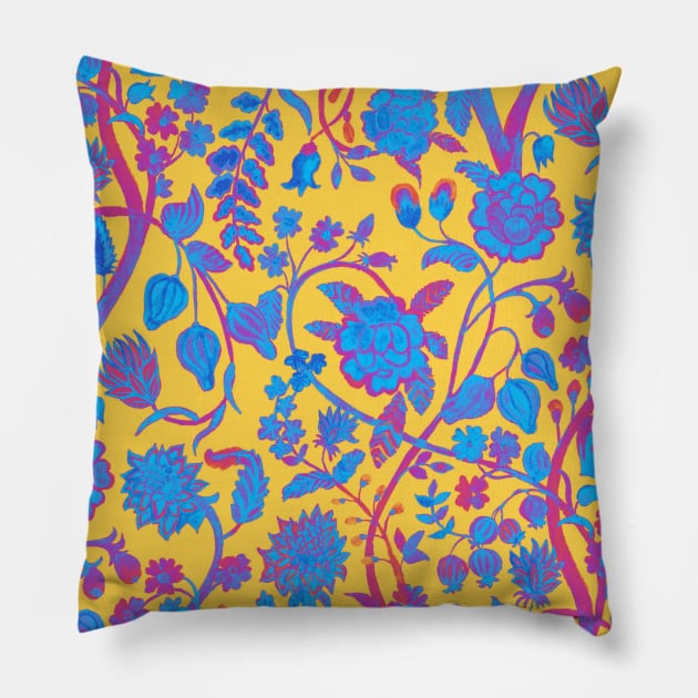 Chinese Bright Sunshine Yellow with Bright Blue & Pink Floral Pattern - Hong Kong Funky Summer Flowers Pillow by CRAFTY BITCH