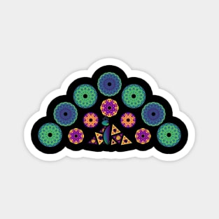 Mandala Peacock | Rainbow Polygons Black Magnet