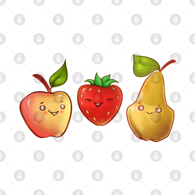 color illustration with cute fruit and berry. pear, apple and strawberry by IrynaPas