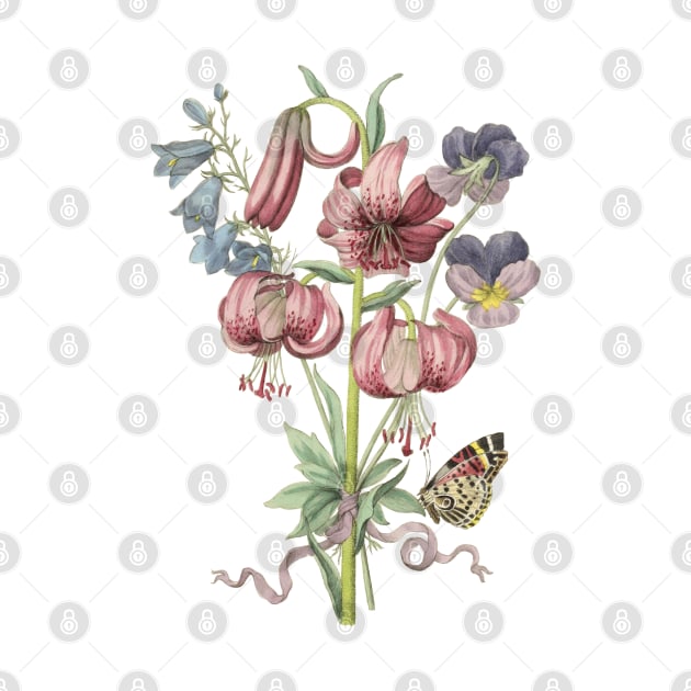 Lily Flower Bouquet with Butterfly Vintage Botanical Illustration by Biophilia