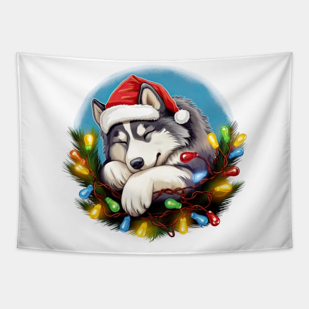 Lazy Siberian Husky Dog at Christmas Tapestry by Chromatic Fusion Studio