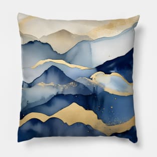 Gold and Blue Mountains Abstract Pillow